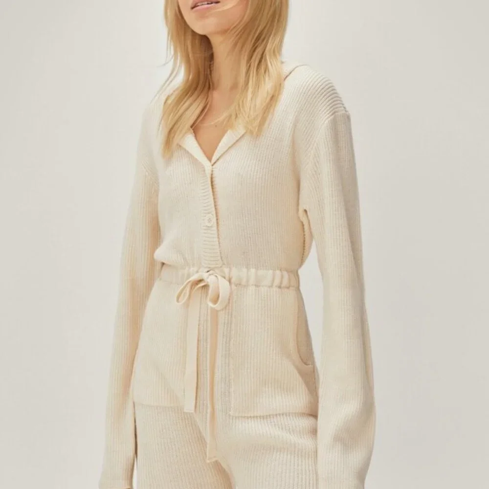 Nasty Gal Womens Recycled Knitted Ribbed Hooded Long Sleeve Rompee Sz Large Sand - Picture 3 of 12